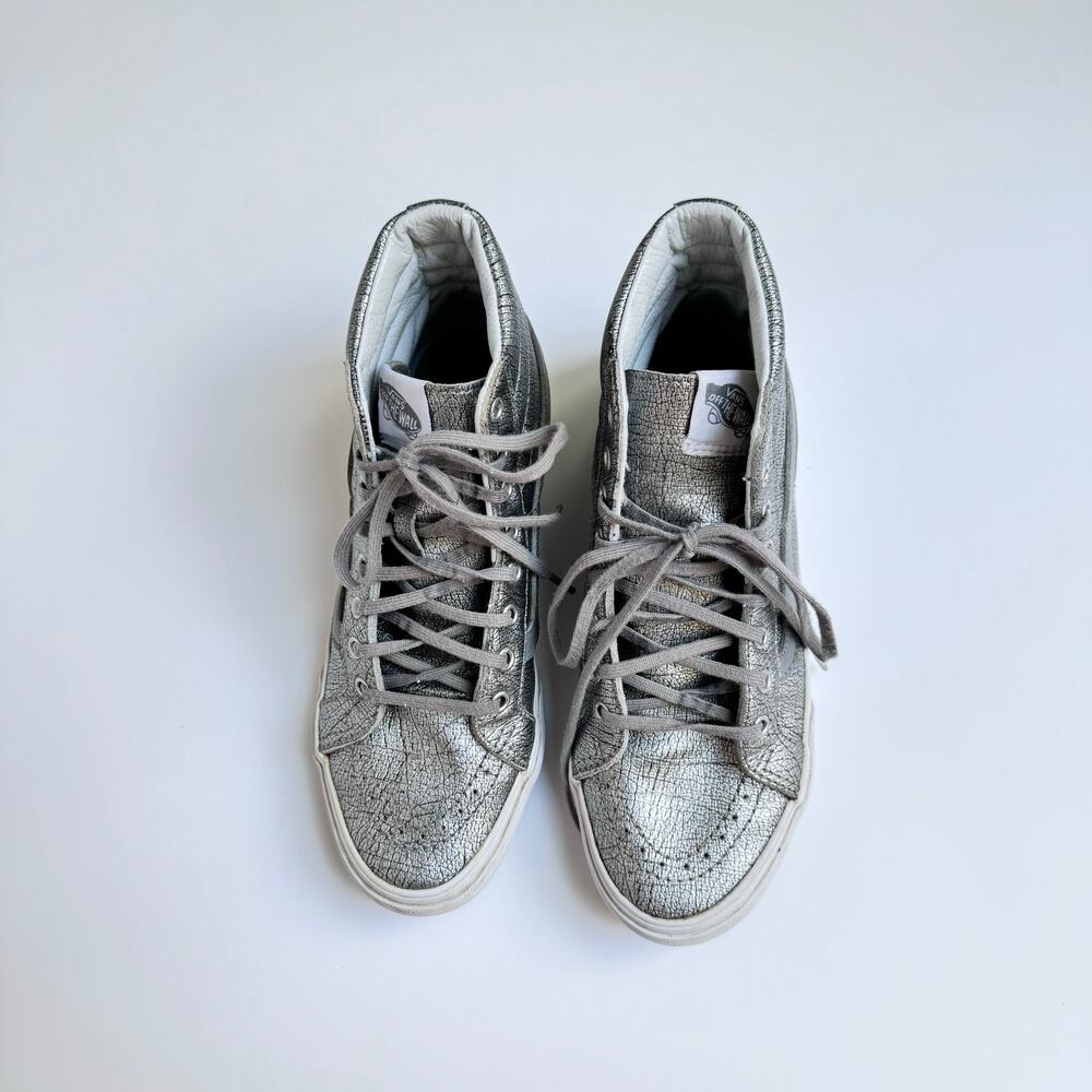 VANS Rare Metallic Silver Leather Upper SK8 High Top Slim Shoes M 5.5 - W 7 - Picture 2 of 10